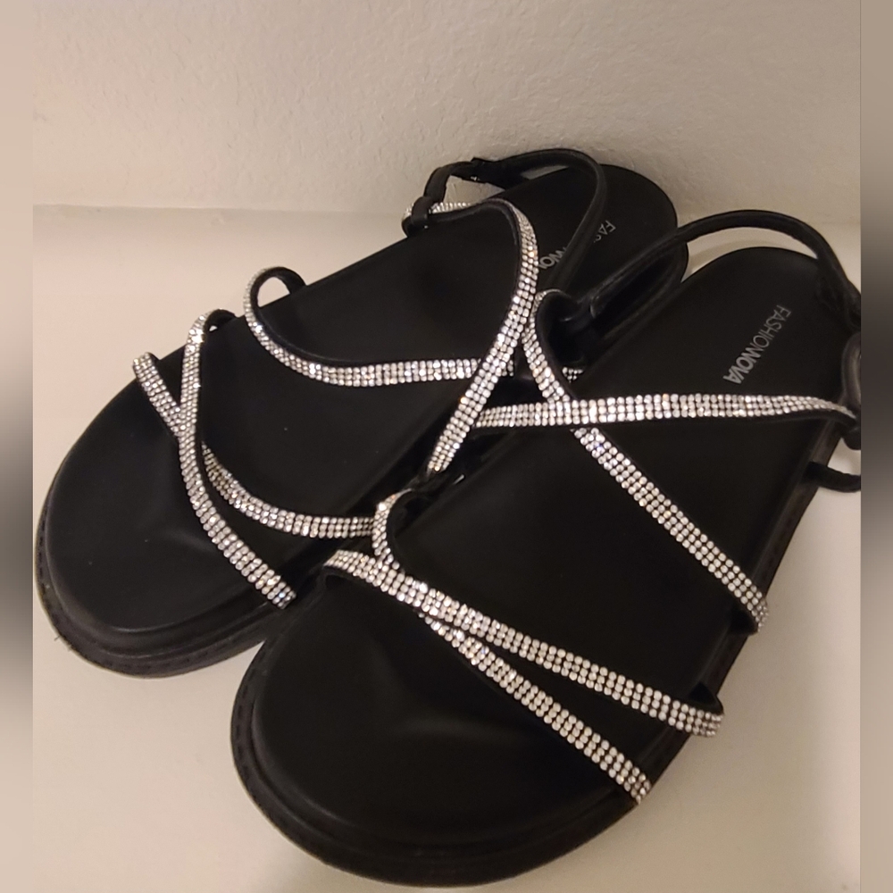 Fashion Nova Strappy Black and Silver Sandals - Picture 2 of 3